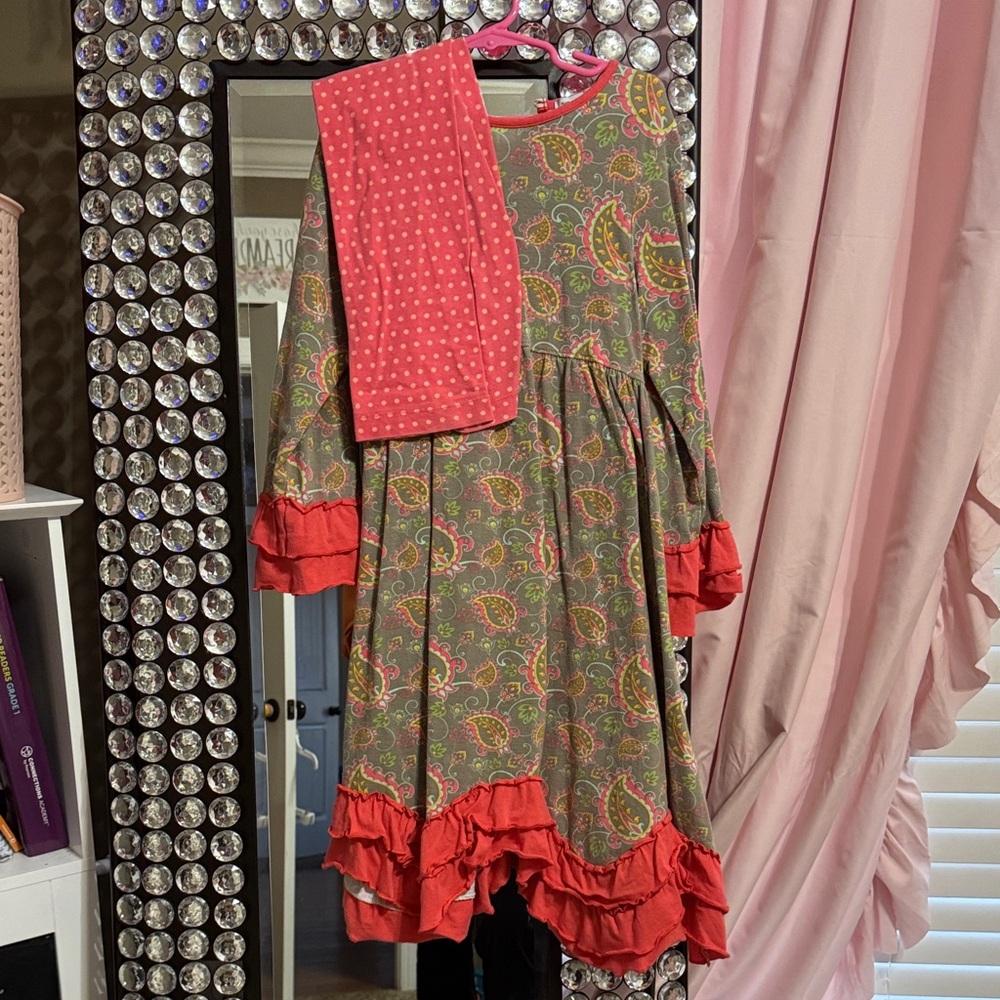 Tara Collection Boutique Coral/Tan Paisley Kids Matching Tunic Set 6/7